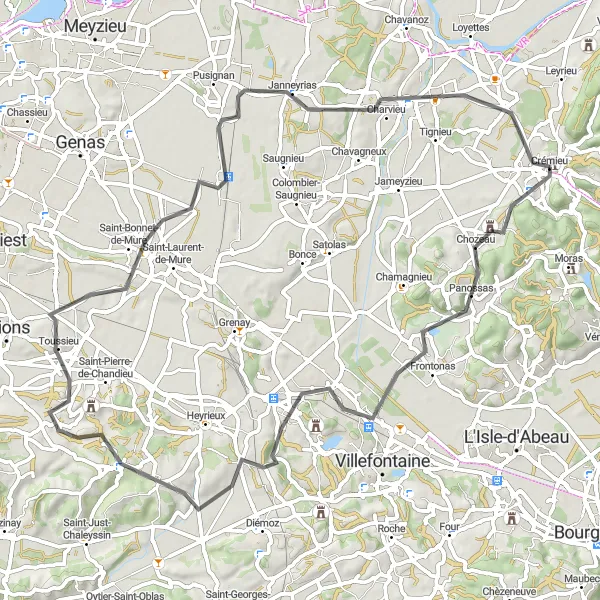 Mapa miniatúra "Cestná trasa kruhovým smerom" cyklistická inšpirácia v Rhône-Alpes, France. Vygenerované cyklistickým plánovačom trás Tarmacs.app