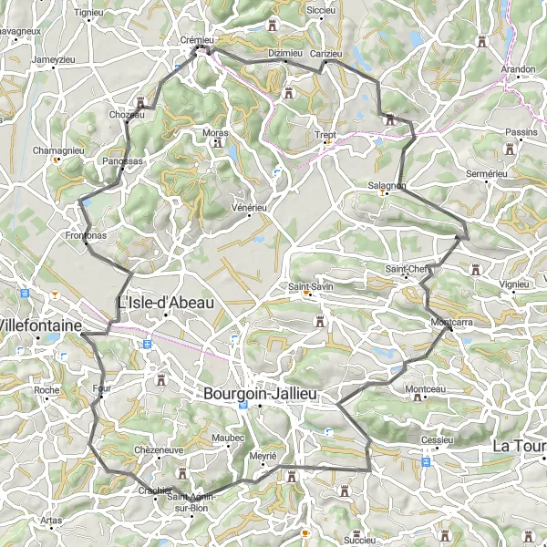 Miniatura della mappa di ispirazione al ciclismo "Itinerario in bicicletta da Crémieu a Villemoirieu" nella regione di Rhône-Alpes, France. Generata da Tarmacs.app, pianificatore di rotte ciclistiche