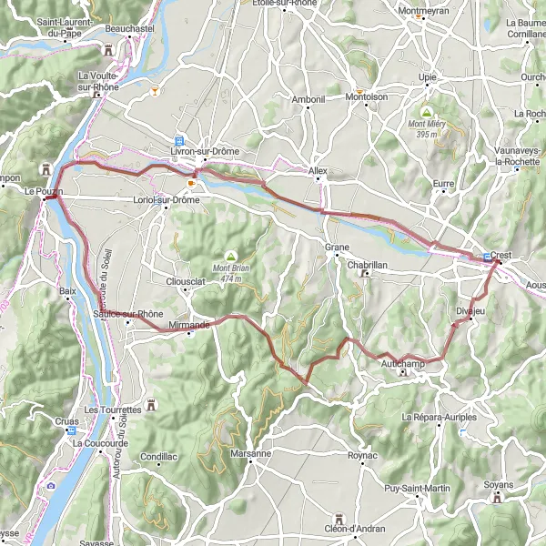 Map miniature of "The Drôme Gravel Adventure" cycling inspiration in Rhône-Alpes, France. Generated by Tarmacs.app cycling route planner