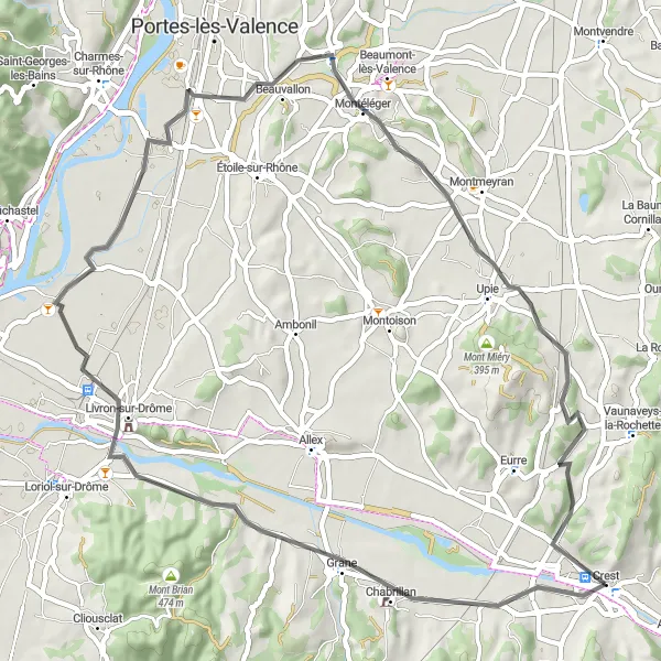 Miniatua del mapa de inspiración ciclista "Ruta de Crest a Grane y Crest" en Rhône-Alpes, France. Generado por Tarmacs.app planificador de rutas ciclistas