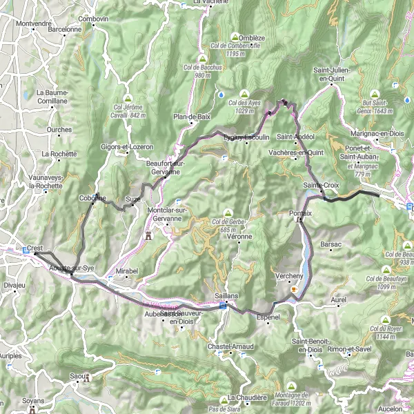 Miniatura della mappa di ispirazione al ciclismo "Avventuroso giro in bicicletta nei dintorni di Crest" nella regione di Rhône-Alpes, France. Generata da Tarmacs.app, pianificatore di rotte ciclistiche