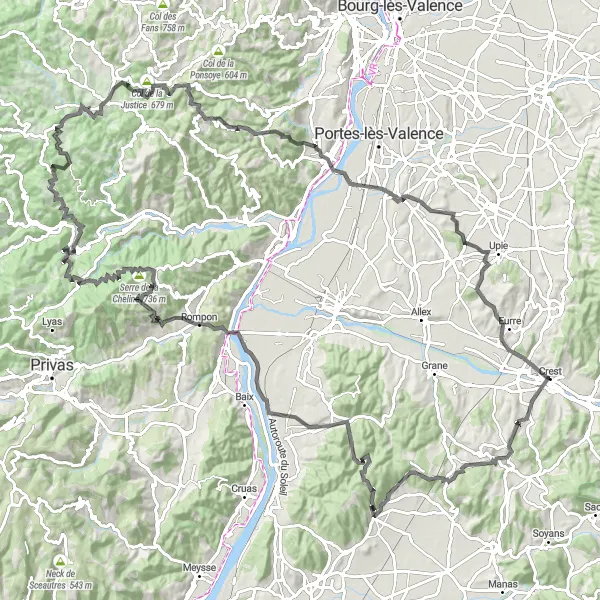 Karttaminiaatyyri "Tiepyöräily Crestista Serre de la Chelineen" pyöräilyinspiraatiosta alueella Rhône-Alpes, France. Luotu Tarmacs.app pyöräilyreittisuunnittelijalla