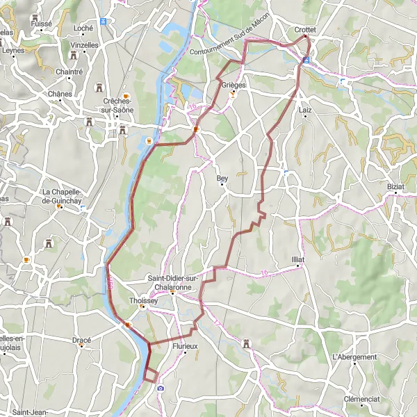 Kartminiatyr av "Grusväg cykeltur Pont-de-Veyle till Les Piquants" cykelinspiration i Rhône-Alpes, France. Genererad av Tarmacs.app cykelruttplanerare