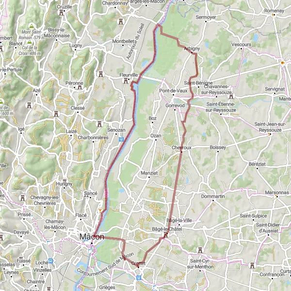 Kartminiatyr av "Lantlig cykeltur från Saint-Laurent-sur-Saône till Bâgé-le-Châtel" cykelinspiration i Rhône-Alpes, France. Genererad av Tarmacs.app cykelruttplanerare