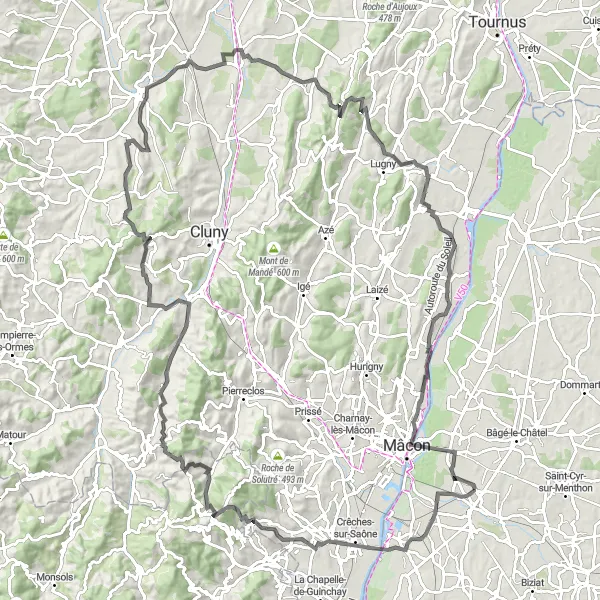 Karttaminiaatyyri "Haastava vuoristo ja perinteiset kylien kohteet" pyöräilyinspiraatiosta alueella Rhône-Alpes, France. Luotu Tarmacs.app pyöräilyreittisuunnittelijalla