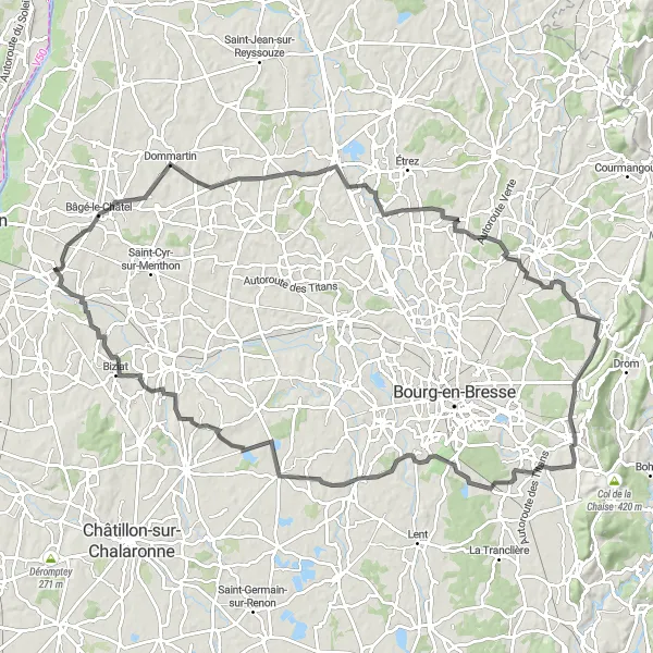 Miniatura della mappa di ispirazione al ciclismo "Giro in bicicletta verso Bâgé-le-Châtel" nella regione di Rhône-Alpes, France. Generata da Tarmacs.app, pianificatore di rotte ciclistiche