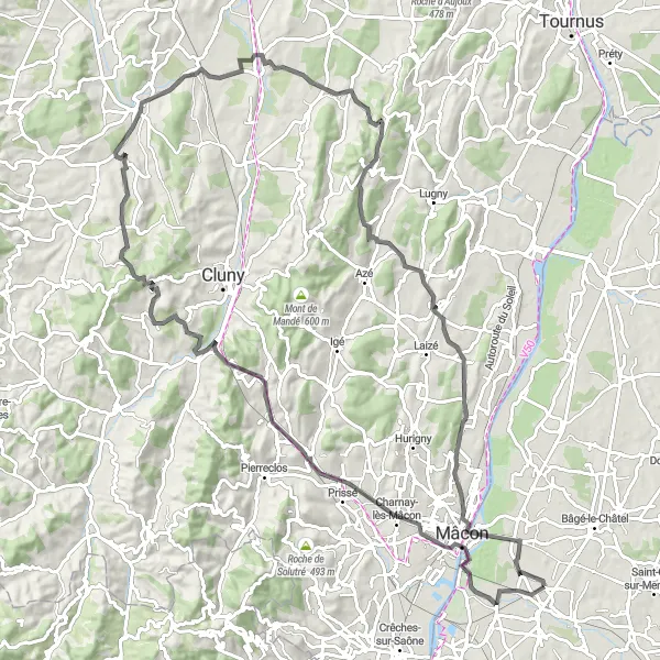 Miniatua del mapa de inspiración ciclista "Ruta por Charnay-lès-Mâcon y Mont Saint-Romain" en Rhône-Alpes, France. Generado por Tarmacs.app planificador de rutas ciclistas