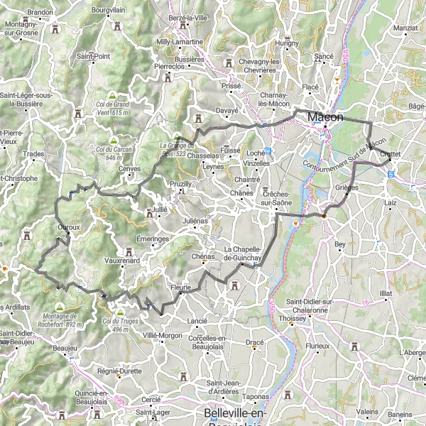 Miniaturekort af cykelinspirationen "Rundtur landevejscykelrute til Grièges" i Rhône-Alpes, France. Genereret af Tarmacs.app cykelruteplanlægger