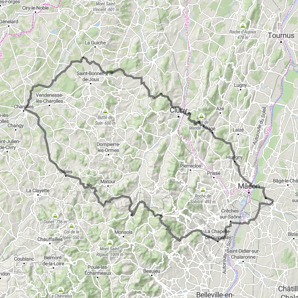 Karttaminiaatyyri "Vuoriston valloitus ja historialliset nähtävyydet" pyöräilyinspiraatiosta alueella Rhône-Alpes, France. Luotu Tarmacs.app pyöräilyreittisuunnittelijalla
