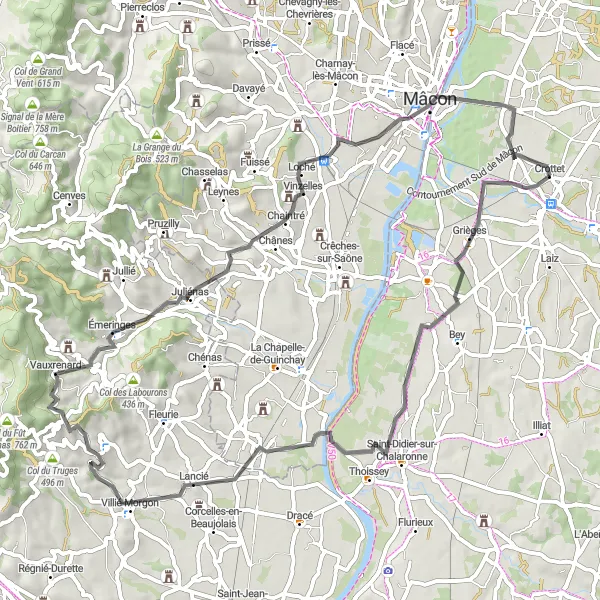 Miniatua del mapa de inspiración ciclista "Ruta por Grièges, Chiroubles y Col de Durbize" en Rhône-Alpes, France. Generado por Tarmacs.app planificador de rutas ciclistas