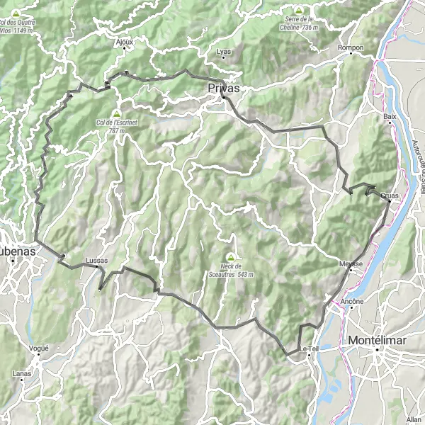 Map miniature of "Cruas Loop via Meysse and Privas" cycling inspiration in Rhône-Alpes, France. Generated by Tarmacs.app cycling route planner