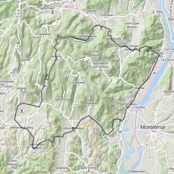 Karten-Miniaturansicht der Radinspiration "Hügeliges Straßenradfahren in der Nähe von Cruas" in Rhône-Alpes, France. Erstellt vom Tarmacs.app-Routenplaner für Radtouren