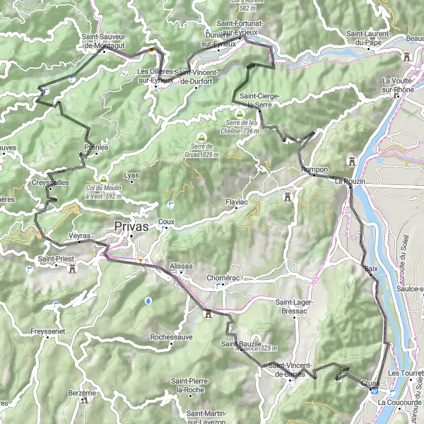 Map miniature of "Cruas to Serre de la Cheline Loop" cycling inspiration in Rhône-Alpes, France. Generated by Tarmacs.app cycling route planner