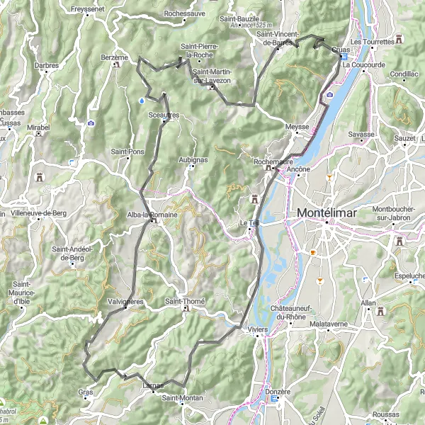 Map miniature of "Cruas Circuit" cycling inspiration in Rhône-Alpes, France. Generated by Tarmacs.app cycling route planner