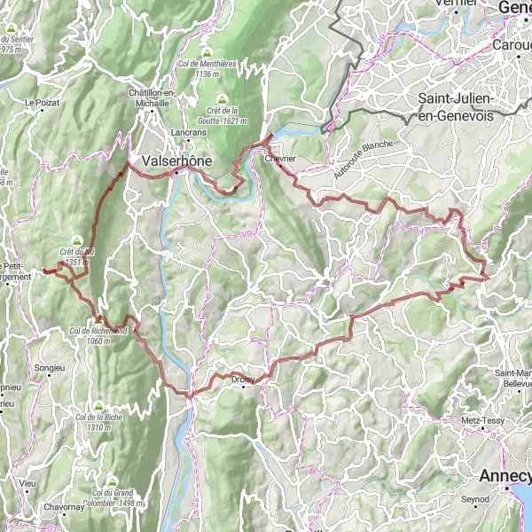 Mapa miniatúra "Splávajte Cezeilles - Col du Mont Sion" cyklistická inšpirácia v Rhône-Alpes, France. Vygenerované cyklistickým plánovačom trás Tarmacs.app