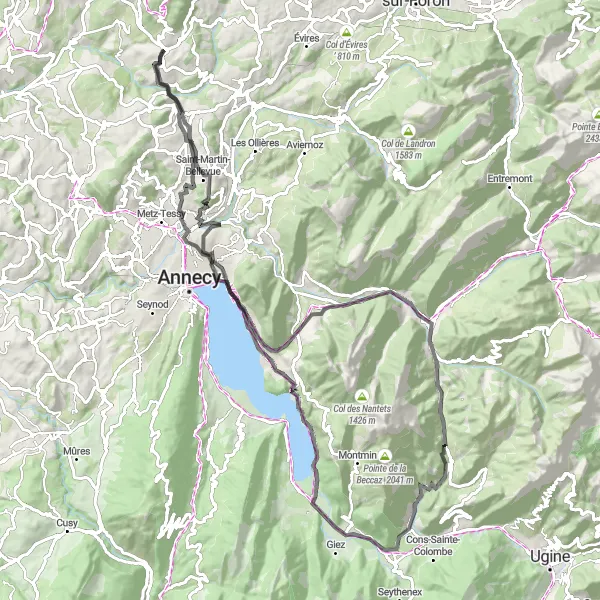 Karttaminiaatyyri "Kaunis maantiekiertue järven ympäri" pyöräilyinspiraatiosta alueella Rhône-Alpes, France. Luotu Tarmacs.app pyöräilyreittisuunnittelijalla