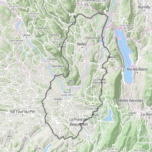 Zemljevid v pomanjšavi "Veselje cestnega kolesarjenja v območju Novalaisea" kolesarske inspiracije v Rhône-Alpes, France. Generirano z načrtovalcem kolesarskih poti Tarmacs.app
