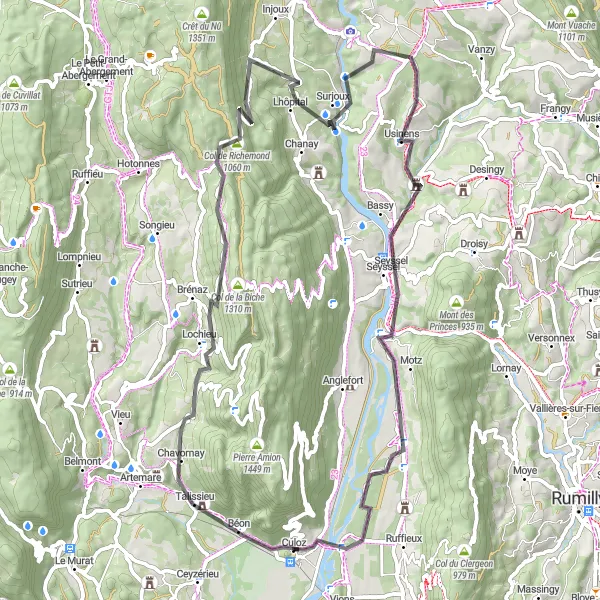 Mapa miniatúra "Cyklotrasa cez Col de Richemond a Culoz" cyklistická inšpirácia v Rhône-Alpes, France. Vygenerované cyklistickým plánovačom trás Tarmacs.app