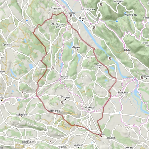 Miniatua del mapa de inspiración ciclista "Ruta Escénica por la Campiña de Curtin" en Rhône-Alpes, France. Generado por Tarmacs.app planificador de rutas ciclistas