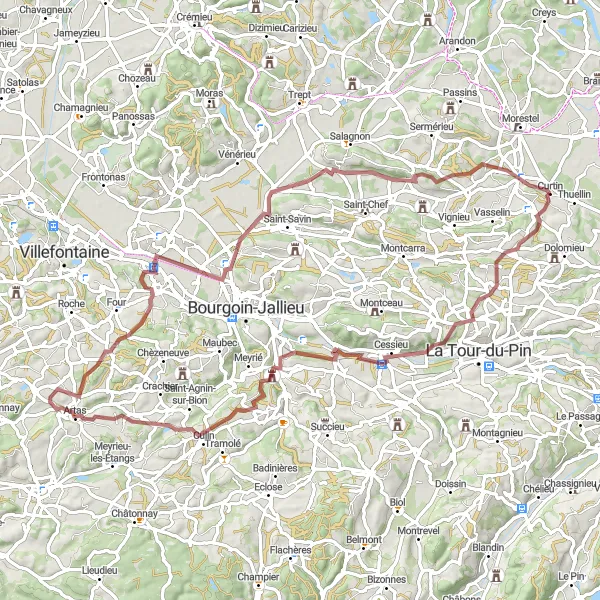 Kartminiatyr av "Lång grusvägscykelrutt från Curtin till Vézeronce" cykelinspiration i Rhône-Alpes, France. Genererad av Tarmacs.app cykelruttplanerare