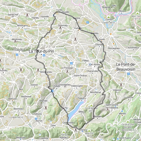 Miniatua del mapa de inspiración ciclista "Ruta Escénica de Granieu a Saint-Sorlin-de-Morestel" en Rhône-Alpes, France. Generado por Tarmacs.app planificador de rutas ciclistas