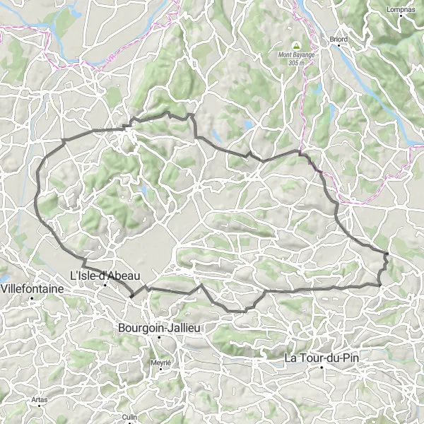 Kartminiatyr av "Sykkeltur gjennom Montcarra, Frontonas, Crémieu, Soleymieu og Vézeronce" sykkelinspirasjon i Rhône-Alpes, France. Generert av Tarmacs.app sykkelrutoplanlegger