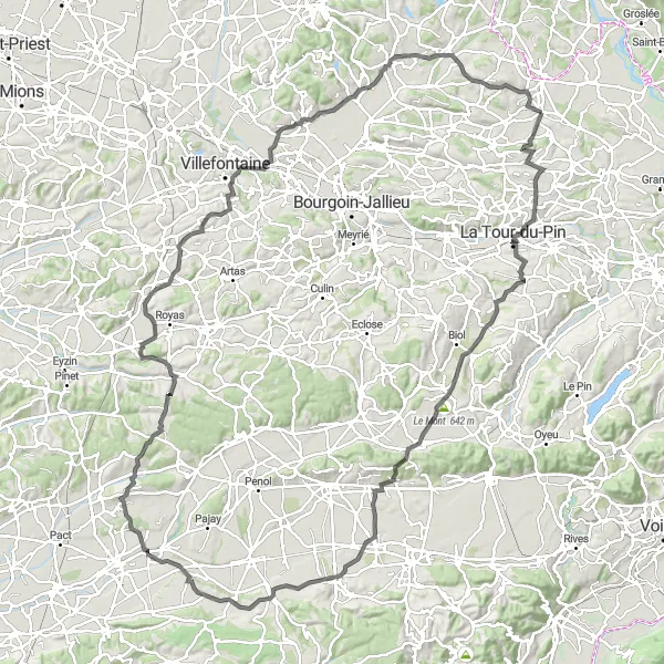 Zemljevid v pomanjšavi "Ekspedicija po La Chapelle-de-la-Tour, Bizonnes, Le Mont, Saint-Siméon-de-Bressieux, Beaufort, Villeneuve-de-Marc, Beauvoir-de-Marc, Vénérieu, Sermérieu" kolesarske inspiracije v Rhône-Alpes, France. Generirano z načrtovalcem kolesarskih poti Tarmacs.app