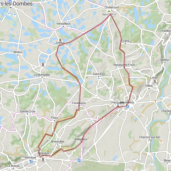 Mapa miniatúra "Gravelová trasa Dagneux" cyklistická inšpirácia v Rhône-Alpes, France. Vygenerované cyklistickým plánovačom trás Tarmacs.app