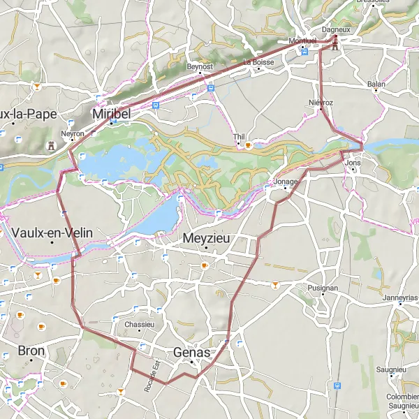 Zemljevid v pomanjšavi "Gravel Cycling Adventure around Dagneux" kolesarske inspiracije v Rhône-Alpes, France. Generirano z načrtovalcem kolesarskih poti Tarmacs.app