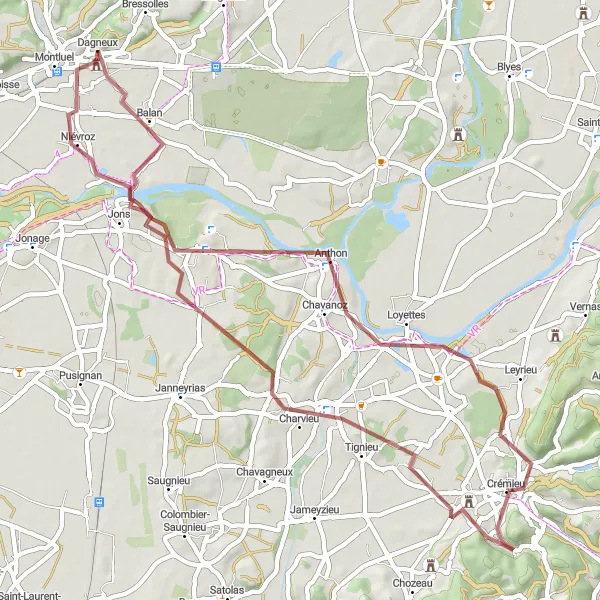 Map miniature of "The Dagneux Gravel Loop" cycling inspiration in Rhône-Alpes, France. Generated by Tarmacs.app cycling route planner