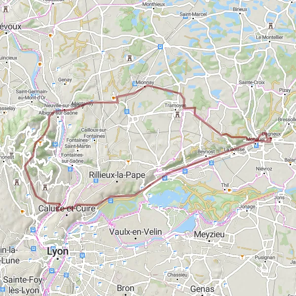 Miniatua del mapa de inspiración ciclista "Desafío de Grava en la Región de Dagneux" en Rhône-Alpes, France. Generado por Tarmacs.app planificador de rutas ciclistas