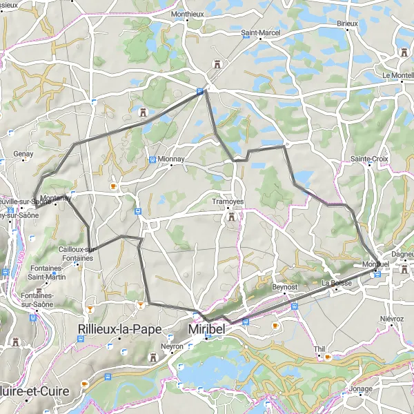 Zemljevid v pomanjšavi "Kolesarska pot okoli Dagneux" kolesarske inspiracije v Rhône-Alpes, France. Generirano z načrtovalcem kolesarskih poti Tarmacs.app
