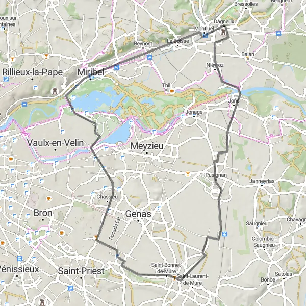Miniatua del mapa de inspiración ciclista "Paseo en Bicicleta por Niévroz y Décines-Charpieu" en Rhône-Alpes, France. Generado por Tarmacs.app planificador de rutas ciclistas