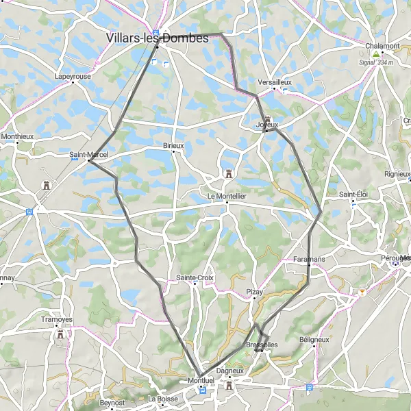 Mapa miniatúra "Cykloturistika okolo Dagneux" cyklistická inšpirácia v Rhône-Alpes, France. Vygenerované cyklistickým plánovačom trás Tarmacs.app