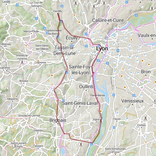 Map miniature of "Gravel Adventure: Lyon and Beyond" cycling inspiration in Rhône-Alpes, France. Generated by Tarmacs.app cycling route planner