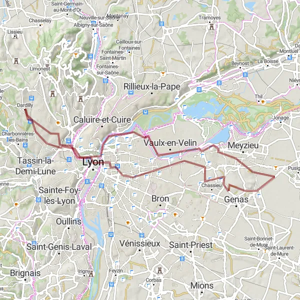 Mapa miniatúra "Gravelová výzva od Dardilly" cyklistická inšpirácia v Rhône-Alpes, France. Vygenerované cyklistickým plánovačom trás Tarmacs.app