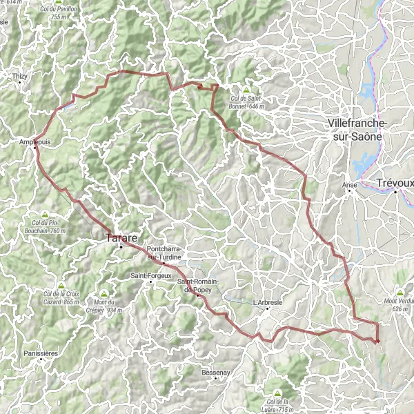 Map miniature of "Gravel Challenge: The Mountains of Rhône-Alpes" cycling inspiration in Rhône-Alpes, France. Generated by Tarmacs.app cycling route planner