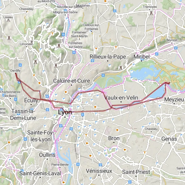 Miniatura della mappa di ispirazione al ciclismo "Avventura in bicicletta verso Lyon" nella regione di Rhône-Alpes, France. Generata da Tarmacs.app, pianificatore di rotte ciclistiche