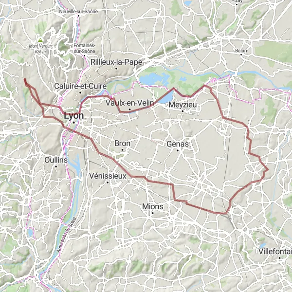 Mapa miniatúra "Gravel okruh cez Lyon" cyklistická inšpirácia v Rhône-Alpes, France. Vygenerované cyklistickým plánovačom trás Tarmacs.app