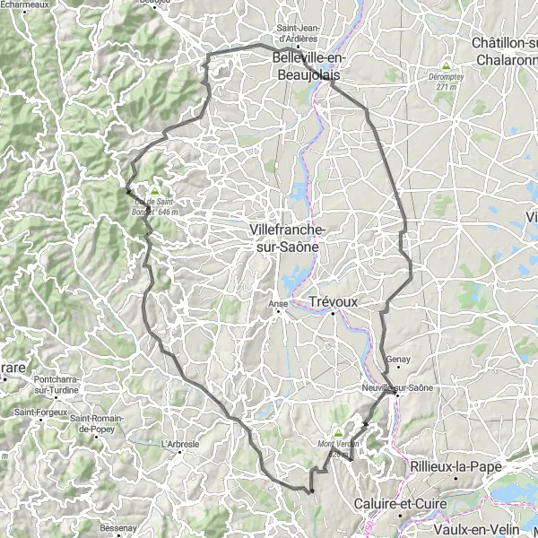 Zemljevid v pomanjšavi "Potovanje okoli Dardillyja" kolesarske inspiracije v Rhône-Alpes, France. Generirano z načrtovalcem kolesarskih poti Tarmacs.app
