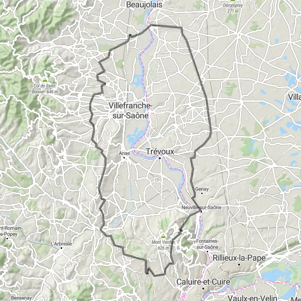 Miniatuurkaart van de fietsinspiratie "Tocht door de wijngaarden" in Rhône-Alpes, France. Gemaakt door de Tarmacs.app fietsrouteplanner