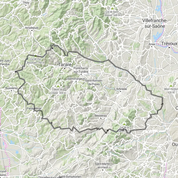 Miniature de la carte de l'inspiration cycliste "Les Monts du Lyonnais" dans la Rhône-Alpes, France. Générée par le planificateur d'itinéraire cycliste Tarmacs.app