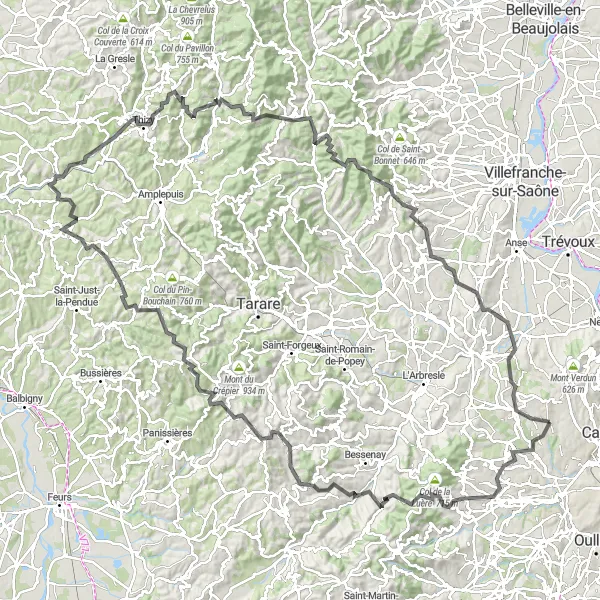 Map miniature of "Road Route with Challenging Climbs near Dardilly" cycling inspiration in Rhône-Alpes, France. Generated by Tarmacs.app cycling route planner