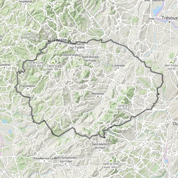 Zemljevid v pomanjšavi "Kolesarska tura okoli Dardilly" kolesarske inspiracije v Rhône-Alpes, France. Generirano z načrtovalcem kolesarskih poti Tarmacs.app