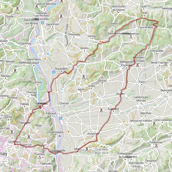 Kartminiatyr av "Oppdag historiske steder på 90 km grusvei fra Peaugres" sykkelinspirasjon i Rhône-Alpes, France. Generert av Tarmacs.app sykkelrutoplanlegger