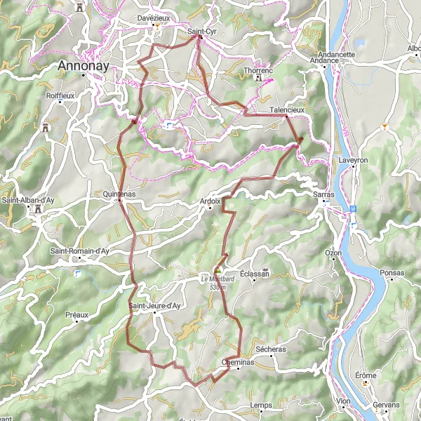 Map miniature of "Thrilling Gravel Escape to Talencieux" cycling inspiration in Rhône-Alpes, France. Generated by Tarmacs.app cycling route planner