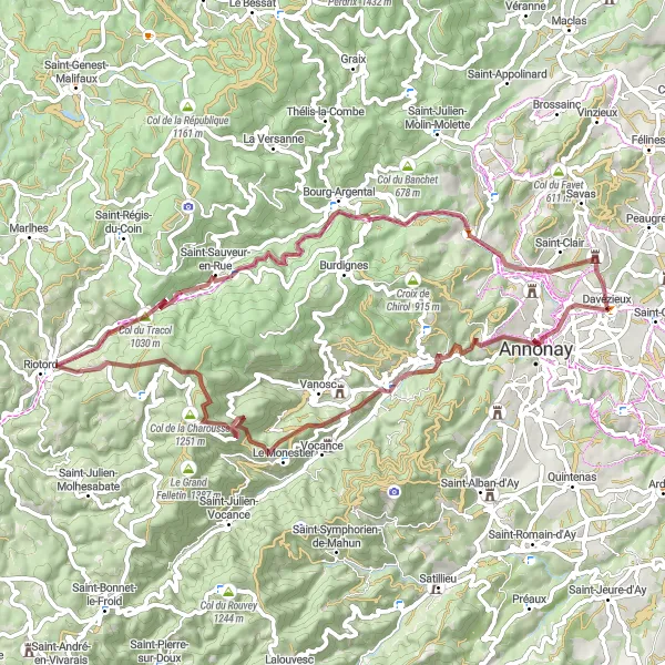 Kartminiatyr av "Grusvei opplevelser rundt Davézieux" sykkelinspirasjon i Rhône-Alpes, France. Generert av Tarmacs.app sykkelrutoplanlegger