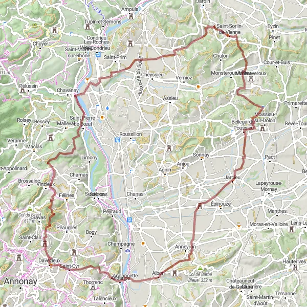 Map miniature of "Ultimate Gravel Challenge to Jarcieu" cycling inspiration in Rhône-Alpes, France. Generated by Tarmacs.app cycling route planner