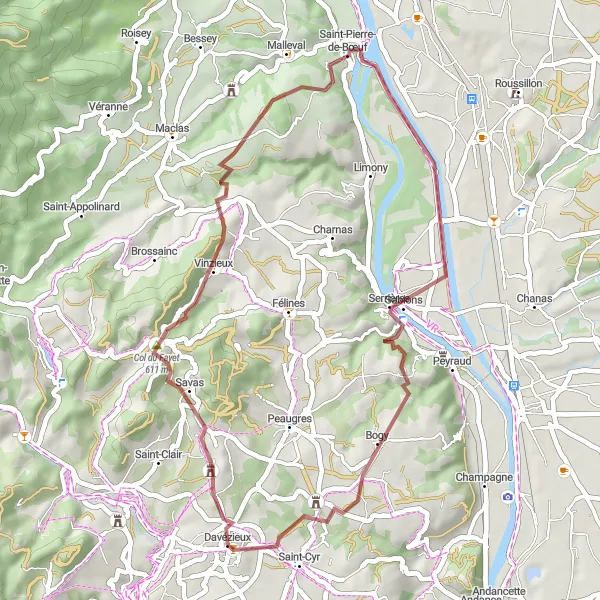 Kartminiatyr av "Gjennom gamle slott og vakre landskap på 42 km grusvei fra Château de Gourdan" sykkelinspirasjon i Rhône-Alpes, France. Generert av Tarmacs.app sykkelrutoplanlegger