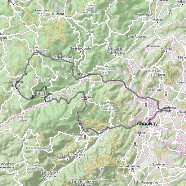 Kartminiatyr av "Utforsk landsbyene rundt Davézieux på landeveien" sykkelinspirasjon i Rhône-Alpes, France. Generert av Tarmacs.app sykkelrutoplanlegger